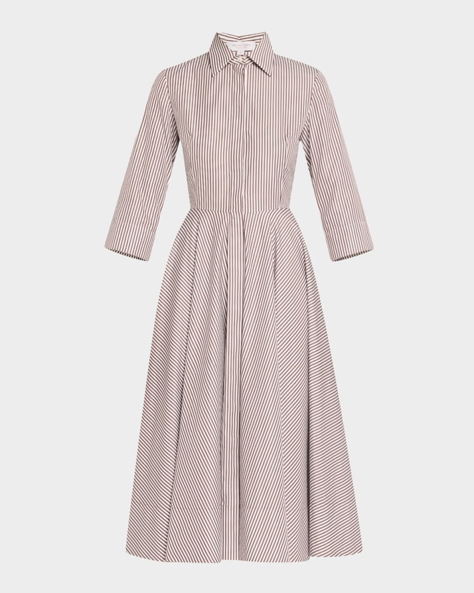 3/4-Sleeve Striped Midi Shirtdress With Belt